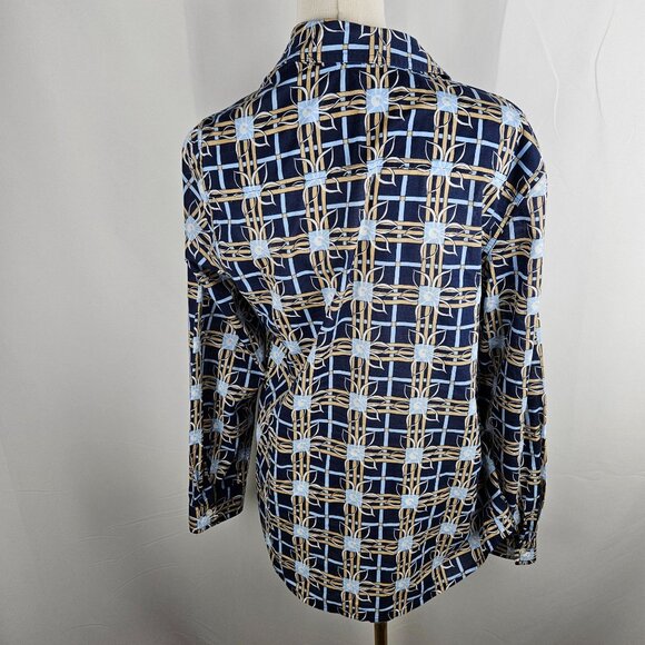 J. McLaughlin Button Down Blouse Sz Medium Blue & Tan Plaid Floral Career - Picture 3 of 9